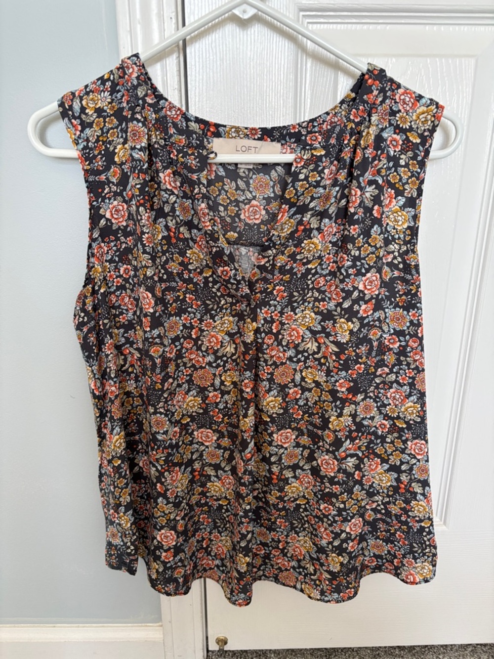 LOFT Black Floral V-Neck Sleeveless Blouse with Orange and Yellow Accents